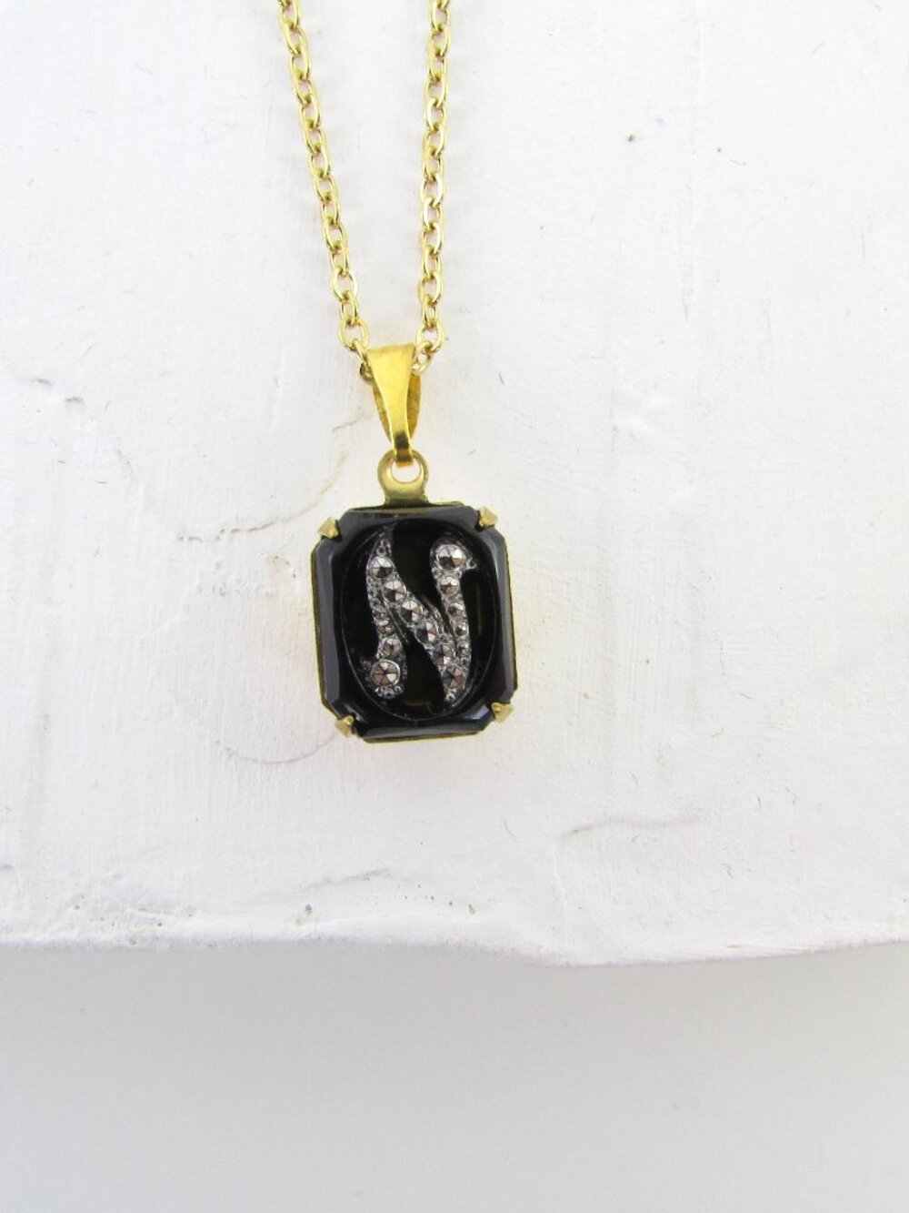 Vintage Victorian Gothic Initial N Pendant Necklace - Black Glass and Marcasite